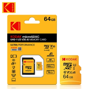 100% Оригинальная Карта Kodak Micro SD 64 ГБ Высокоскоростная карта памяти 64 ГБ U3 A1 V30 Class 10 SD TF Card 64 ГБ Для адаптера Бесплатная доставка