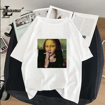 2021 Летняя женская футболка Mona Lisa Smoking с забавным Принтом, Женская футболка, Художественная картина маслом, Harajuku, Ретро Ulzzang, Футболка Оверсайз