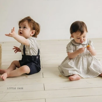 2023, Испания, Комплект Одежды Для маленьких мальчиков, Летнее Боди Для новорожденных, Клетчатое Платье для маленьких Девочек, Детская Хлопковая одежда Для Мальчиков и Сестер