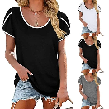 2023 Летняя новая Женская футболка с круглым вырезом, Топы с рукавами-фонариками, Женская одежда, контрастная модная повседневная футболка с коротким рукавом