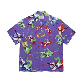 2023ss Фиолетово-белая Рубашка WACKO MARIA, мужские и женские повседневные гавайские Рубашки, футболка