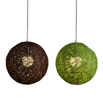 2X Шаровая Люстра из зеленого/Кофейного Бамбука, ротанга и пеньки с Индивидуальным Креативным Сферическим Абажуром-Гнездом из ротанга