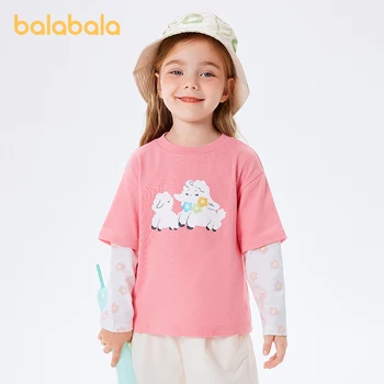 Balabala/ Футболка для маленьких девочек 2023 года выпуска, Топ с длинными рукавами, Осенняя хлопковая модная футболка из двух предметов
