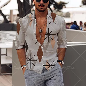 Camisa hawaiana de manga larga para hombre, camisa de manga larga con estampado 3d, estilo Simple, informal, con solapa, 2022