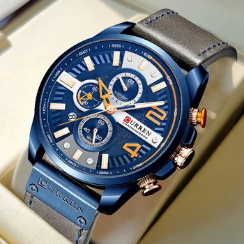 Curren Повседневные модные мужские часы с хронографом, роскошные брендовые часы, кварцевые часы из синей кожи, Новое поступление Relogio