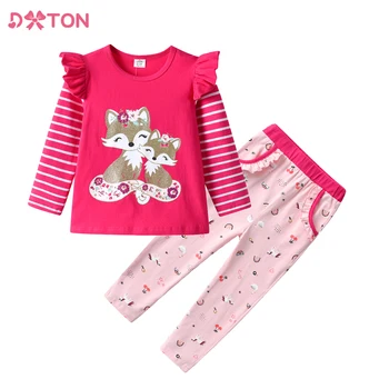 DXTON/Детская одежда, хлопковые топы в полоску с расклешенными рукавами, футболки и брюки-карандаш с карманами, 2 предмета, повседневная верхняя одежда для девочек