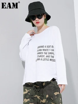 [EAM] Женская черно-белая футболка с принтом Большого Размера, Новая Футболка с круглым вырезом и длинным рукавом, Мода Tide, Весна-Осень 2023 1DC070