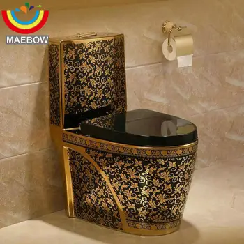 Jednoczęściowy czarny Closestool WC Pan cyklon Fluishing s-trap podłoga zamontowana luksusowa willa łazienka sedes umyć WC