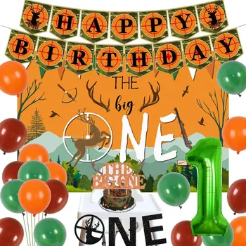 JOYMEMO Охота Украшение на 1-й день рождения для мальчиков Большой Фон Баннер Номер 1 Воздушный шар Охотничья тема День рождения Принадлежности для вечеринок