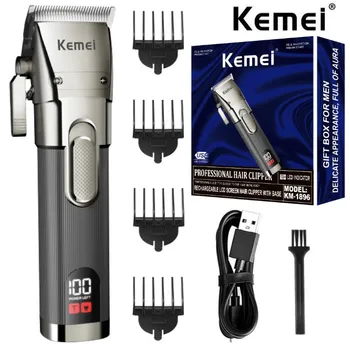 Kemei профессиональный парикмахерский триммер для волос KM-1896 металлический корпус новый светодиодный ЖК-цифровой дисплей USB электрический для мужчин 2 скорости толкающих ножниц