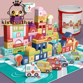 Kisteether Новые строительные блоки для городского движения, собирающие мальчиков и девочек, дети раннего образования, строящие деревянные детские игрушки