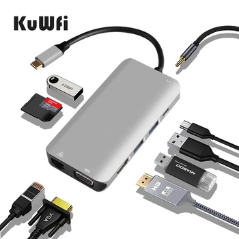 KuWFi Type C USB-концентратор 10 в 1 Адаптер Type C Док-станция USB 3,0 Порт 4K HDMI 1080P VGA RJ45 Gigabit Ethernet Для Macbook Pro