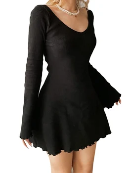 Lairauiy Женское Летнее тонкое платье Трапециевидной формы, однотонное мини-платье в рубчик с длинным рукавом и V-образным вырезом, приталенное для пляжной вечеринки