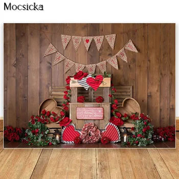 MOCSICKA Valentine Деревенский деревянный фон для фотосъемки Красная Роза Для фотосъемки на День рождения Для фотостудии