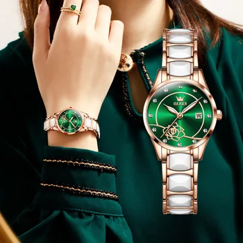 OLEVS 3606 Модные импортные часы Machine Core для женщин с водонепроницаемым керамическим ремешком, Японские кварцевые женские наручные часы со светящимся календарем