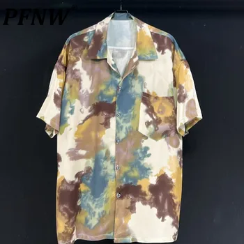 PFNW Летние Мужские Рубашки с отворотами и короткими рукавами с абстрактным принтом Оригинального Свободного Силуэта Y2K, Дышащие топы для Арт-досуга 12Z1414