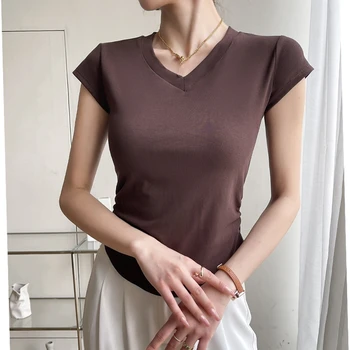 S062, однотонная футболка для мобильного телефона с V-образным вырезом и короткими рукавами, женская летняя базовая одежда