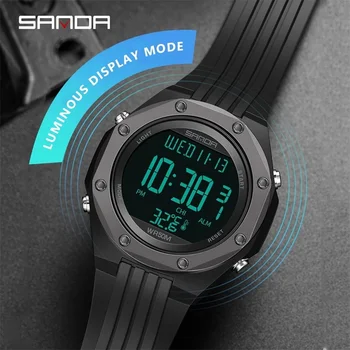 SANDA 6028 2023 Новая модель, термометр для окружающей среды, Дисплей с одним механизмом, Корпус из сплава, Электронные мужские часы, цифровые наручные часы