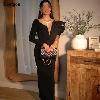 Toofgon, черные матовые атласные арабские платья для выпускного вечера на одно плечо с длинными рукавами, Вечерние платья с разрезом Сбоку, вечернее платье Знаменитости