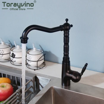 Torayvino Черный Кухонный кран 360 Поворотный Кран с одной ручкой и одним Отверстием Латунный Кран для ванной Комнаты На Бортике Смеситель для Воды