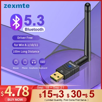 Zexmte 100M Bluetooth 5.3 Адаптер Бесплатный Драйвер USB Bluetooth Dongle Adaptador для ПК Windows 11/10 Мышь Клавиатура Аудиоприемник