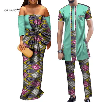Африканские платья для женщин, комплекты мужской рубашки и брюк Bazin Riche, Одежда для влюбленных пар, Длинное платье с принтом, африканская одежда WYQ290