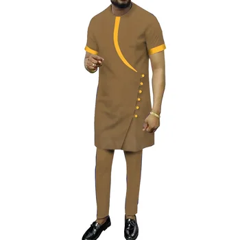 Базен Рише, Африканская одежда для Мужчин, Мужской костюм Дашики, комплект из 2 предметов, рубашка с коротким рукавом и брюки, Африканская мужская одежда Больших Размеров, WYN1495