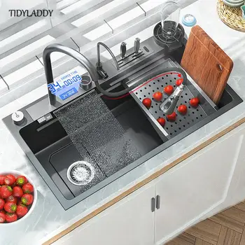 Большая кухонная раковина с водопадом из нержавеющей стали 304, цифровой дисплей, раковина для мытья посуды с многофункциональным сенсорным водопадом