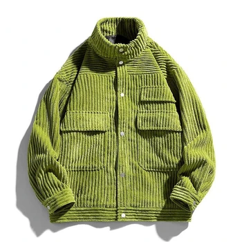 Винтажная вельветовая куртка-карго, пальто, Мужская верхняя Одежда, Зеленые Повседневные Свободные куртки в полоску, ретро хип-хоп, уличная одежда, топы, военная форма