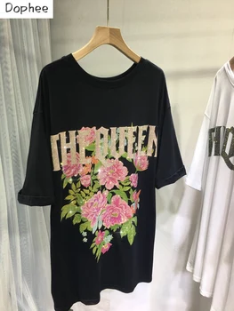 Высококачественные Женские футболки с цветочным пионом, универсальная летняя футболка с коротким рукавом и круглым вырезом, хлопковый пуловер средней длины, Топы
