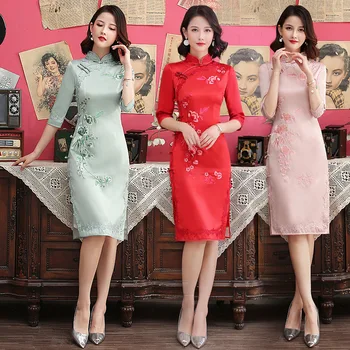 Вышитое шелком Qipao Hanfu 2022, Новое Улучшенное платье средней длины большого размера со средним рукавом, Приталенное Повседневное Короткое китайское платье Чонсам