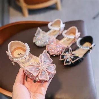 Девушки сандалии 2022 новый летняя мода девочка принцесса сандалии детей сандалии бант блеск алмазный ребенка показывают, Детская обувь