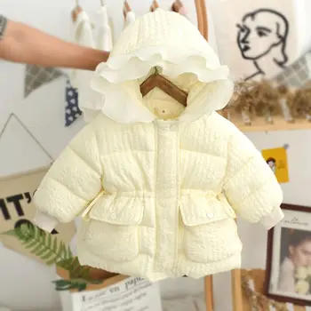 Детская зимняя куртка с хлопковой подкладкой, утолщенный флис, версия для милой маленькой девочки, теплое пальто с капюшоном на талии, зимнее пальто 1 3 5 9 лет