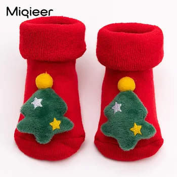 Детские носки для девочек и мальчиков, зимние нескользящие утепленные хлопковые носки с принтом для малышей, рождественские носки для новорожденных, Детская рождественская обувь в пол