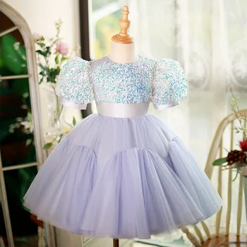 Детские платья 2023, новое Платье для девочек, Летнее Фиолетовое Платье-пачка Принцессы с рукавами-пузырями и блестками для Конкурса красоты, Вечеринки, Свадьбы