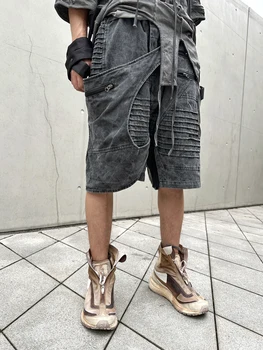 Дизайнерские Мужские Короткие брюки Wasteland Wind с Асимметричной Деконструкцией в стиле Ретро, Потертые, с несколькими карманами, Трехмерные