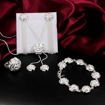 Женские кольца из стерлингового серебра 925 пробы, ожерелье, браслет, серьги, комплект ювелирных изделий, модные вечерние свадебные рождественские подарки