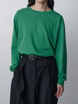 Женские футболки с круглым вырезом и длинным рукавом, простые модные универсальные однотонные футболки, топ для женщин, осень 2022