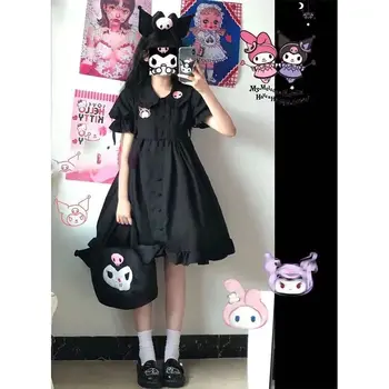 Женское летнее милое маленькое черное платье с кукольным воротничком и японским галстуком в стиле Каваи Санрио Куроми