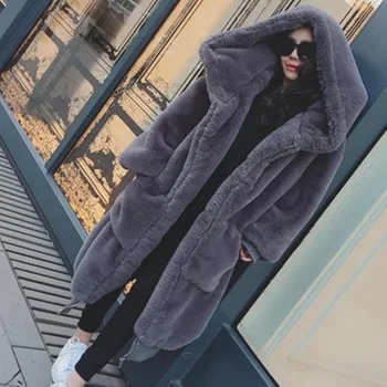 Женское пальто 2023 Зима-Осень, Плотная Длинная куртка из искусственного меха с капюшоном, однотонная женская куртка с длинными рукавами