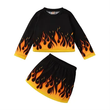 Классные весенне-осенние комплекты хлопчатобумажных рубашек с рисунком пламени для девочек, топ с длинными рукавами, юбка длиной до ягодиц, юбка до колен