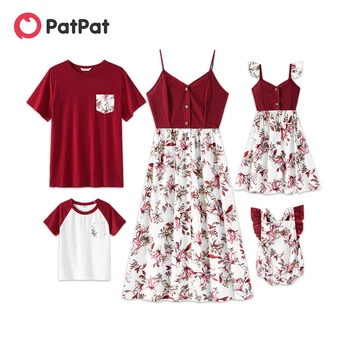 Комплекты хлопковых футболок PatPat для всей семьи с коротким рукавом и платьями на бретелях с цветочным принтом