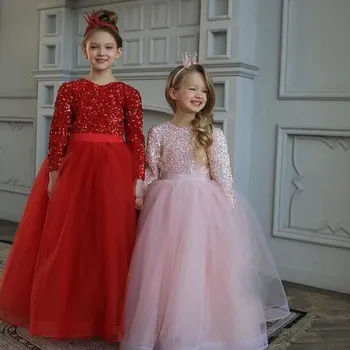 Красное/Розовое платье Трапециевидной формы с цветочным узором для девочек на свадьбу, расшитое блестками, Тюлевое вечернее платье Принцессы с длинными рукавами, платье для выпускного вечера с бантом