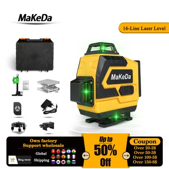 Лазерный уровень MaKeDa 16 Линий 4D Самовыравнивающийся 360 Горизонтальный вертикальный крест, Уровень зеленого света, Перезаряжаемый инструмент с литиевой батареей