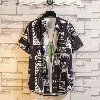 Летние гавайские рубашки с лацканами, короткий рукав, накладной карман, мужская рубашка, летняя повседневная рубашка с принтом граффити, уличная одежда в стиле хип-хоп 남성의류