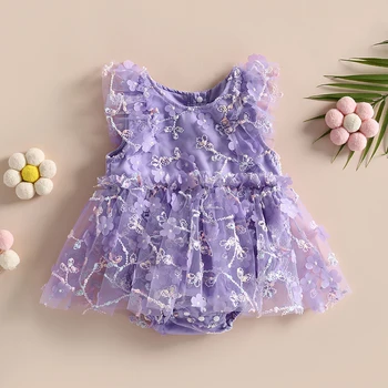 Летний Комбинезон для новорожденных девочек, платье Принцессы Для маленьких девочек, Комбинезоны без рукавов с 3D цветочной вышивкой, Тюлевые Юбки, Одежда