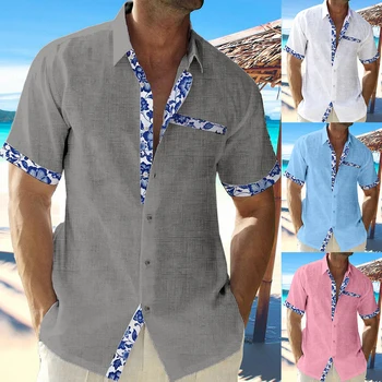 Летняя Модная Мужская Гавайская Льняная Рубашка 2023, Мужская Повседневная Пляжная Рубашка С кружевным Принтом и Карманом, Короткий рукав, Плюс Размер, Футболка на пуговицах