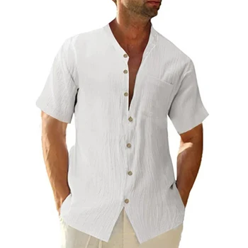 Летняя Мужская Гавайская Пляжная однотонная льняная блузка Хенли с коротким рукавом и V-образным вырезом на пуговицах, рубашки, одежда