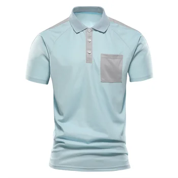 Летняя новая мужская рубашка Поло Контрастного цвета с карманом, поло с коротким рукавом, мужская футболка