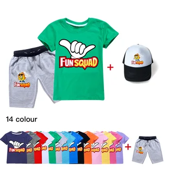 Летняя Повседневная Спортивная одежда для маленьких детей, Игровая футболка Fun squad + Шорты + Комплекты шляп от солнца для мальчиков, Костюмы, хлопковая детская одежда